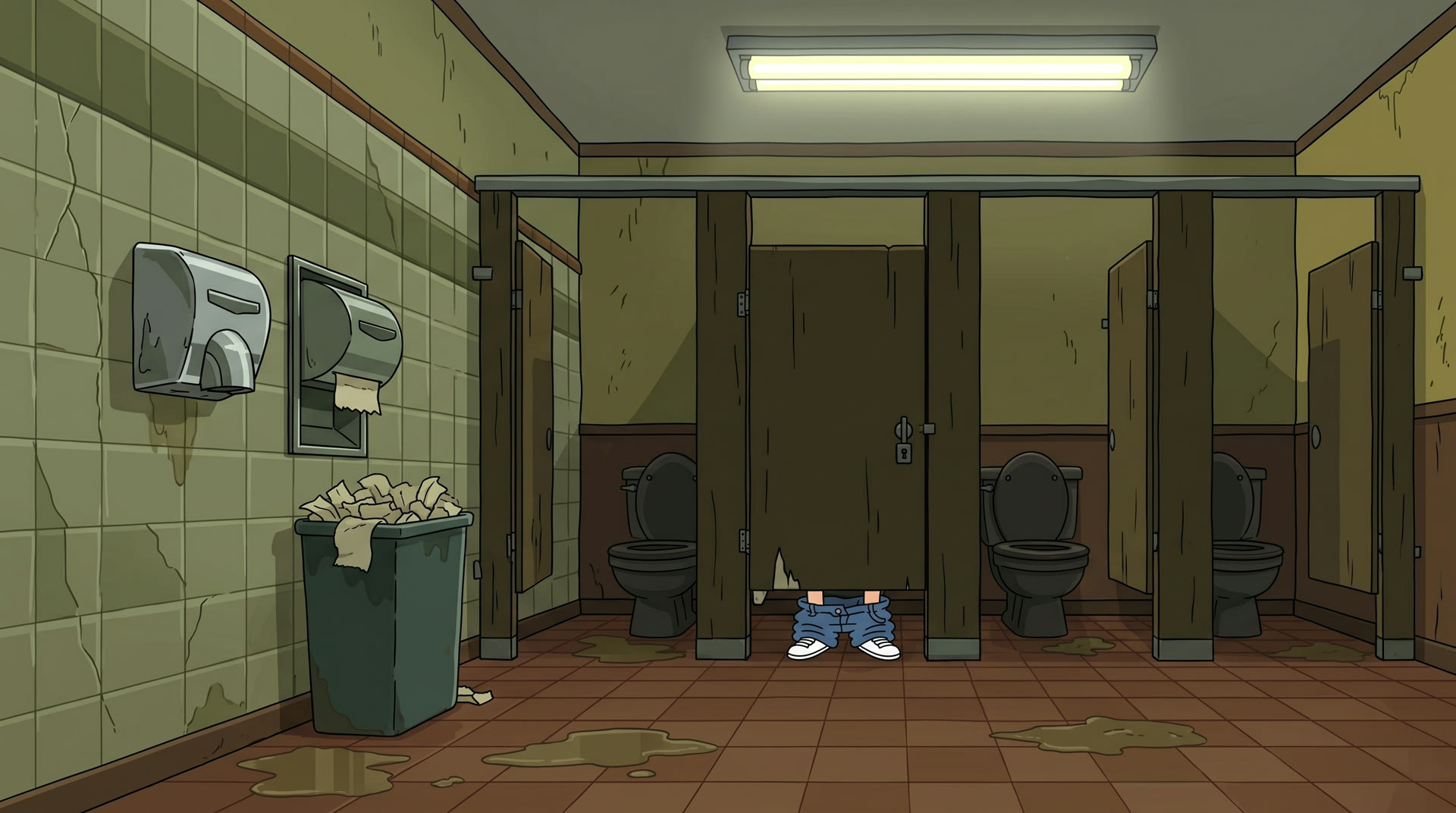 A public restroom. One stall is occupied.
